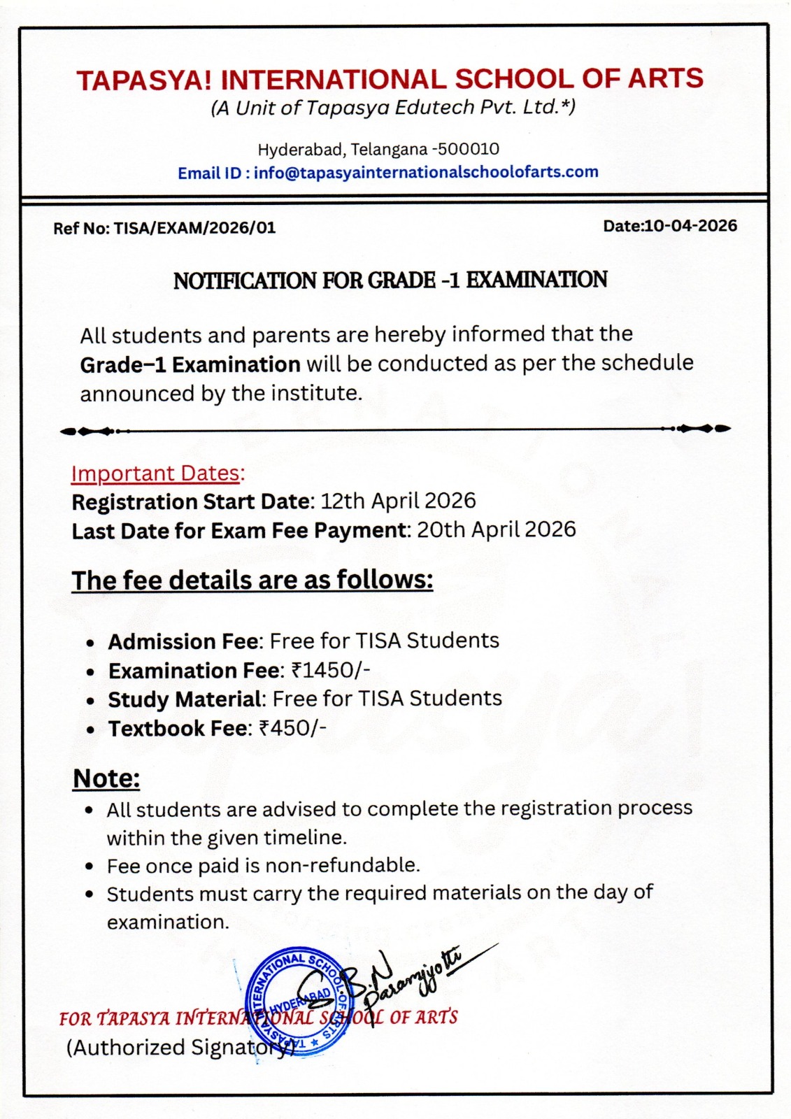 Grade 1 Examination Notification
